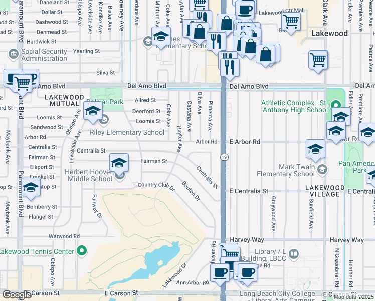 map of restaurants, bars, coffee shops, grocery stores, and more near 3933 Elsa Street in Lakewood