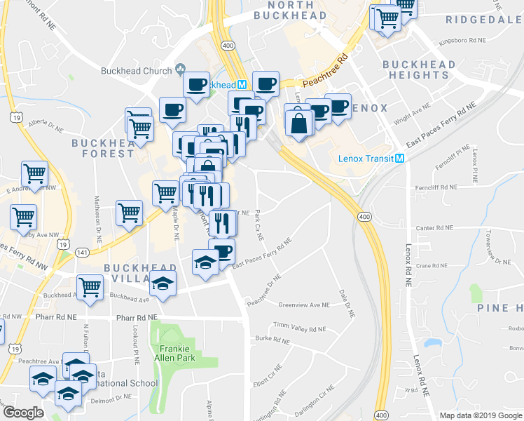 map of restaurants, bars, coffee shops, grocery stores, and more near 64 Park Circle Northeast in Atlanta