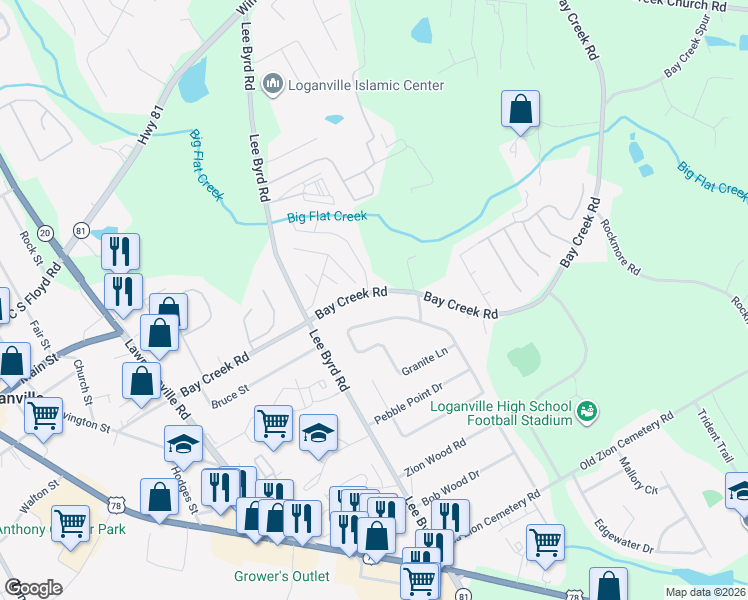 map of restaurants, bars, coffee shops, grocery stores, and more near 475 Bay Creek Road in Loganville