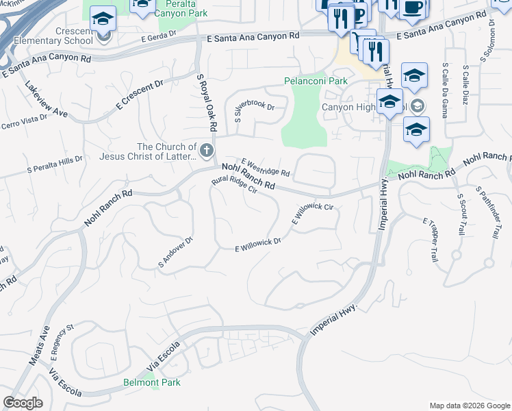 map of restaurants, bars, coffee shops, grocery stores, and more near 536 South Tumbleweed Road in Anaheim