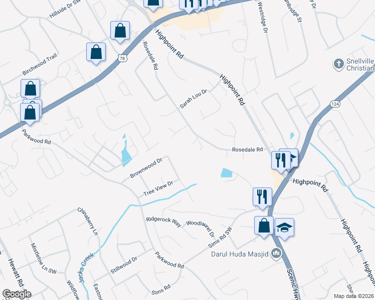 map of restaurants, bars, coffee shops, grocery stores, and more near 2435 Rosedale Road in Snellville
