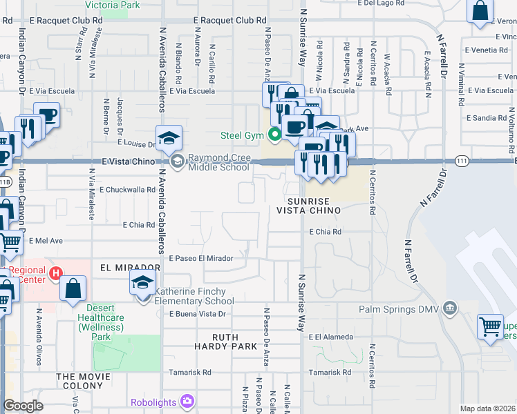 map of restaurants, bars, coffee shops, grocery stores, and more near 1409 North Sunrise Way in Palm Springs