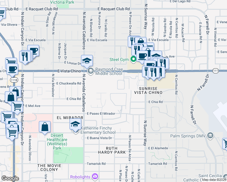 map of restaurants, bars, coffee shops, grocery stores, and more near 1260 Verdugo Road in Palm Springs
