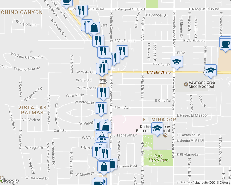 map of restaurants, bars, coffee shops, grocery stores, and more near 277 East Stevens Road in Palm Springs