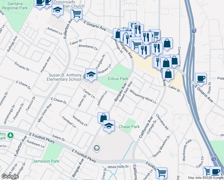 map of restaurants, bars, coffee shops, grocery stores, and more near 1245 Taft Lane in Corona