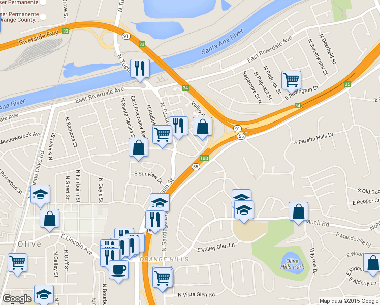 map of restaurants, bars, coffee shops, grocery stores, and more near 103 North Merrimac Drive in Anaheim