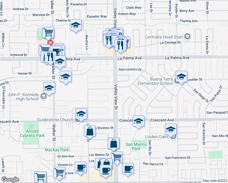 map of restaurants, bars, coffee shops, grocery stores, and more near 5965 Los Molinos Drive in Buena Park