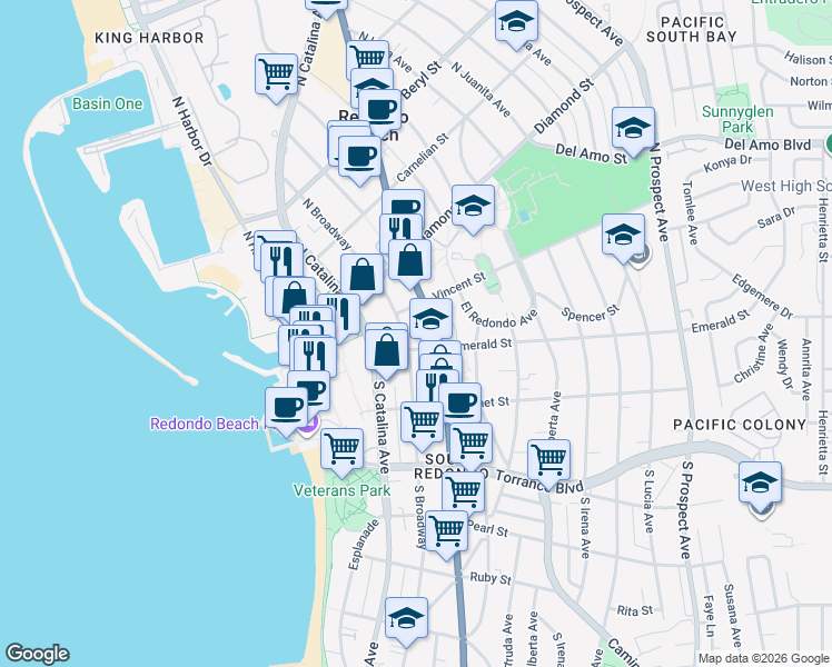 map of restaurants, bars, coffee shops, grocery stores, and more near 128 North Broadway in Redondo Beach