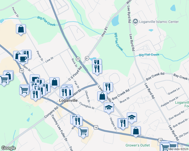 map of restaurants, bars, coffee shops, grocery stores, and more near 4300 Lawrenceville Road in Loganville