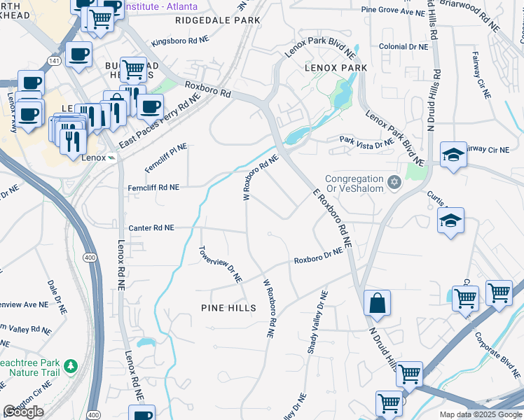 map of restaurants, bars, coffee shops, grocery stores, and more near 1183 Woods Circle Northeast in Atlanta