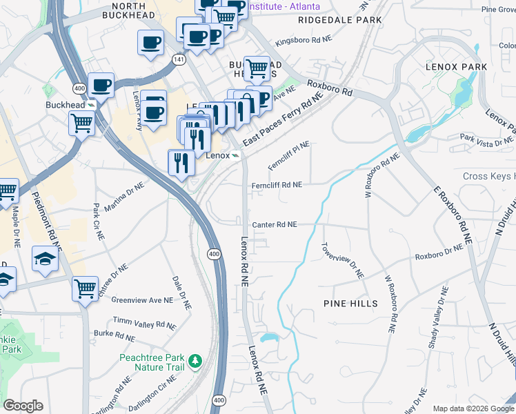 map of restaurants, bars, coffee shops, grocery stores, and more near 3203 Lenox Road Northeast in Atlanta