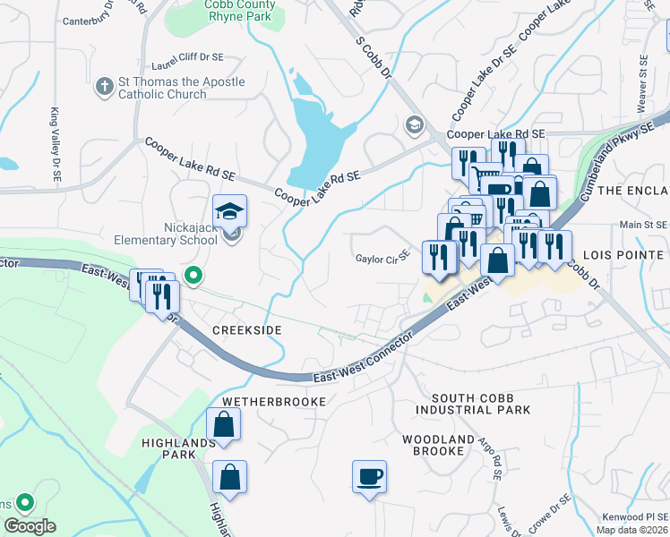 map of restaurants, bars, coffee shops, grocery stores, and more near 5140 Laurel Bridge Court Southeast in Smyrna