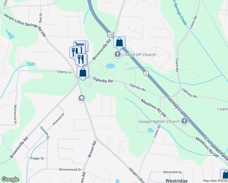 map of restaurants, bars, coffee shops, grocery stores, and more near 4593 Seward Road in Powder Springs