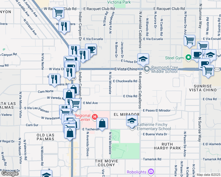 map of restaurants, bars, coffee shops, grocery stores, and more near East Miraleste Court in Palm Springs