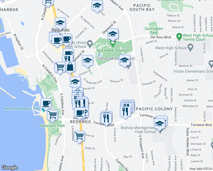 map of restaurants, bars, coffee shops, grocery stores, and more near 22 North Helberta Avenue in Redondo Beach