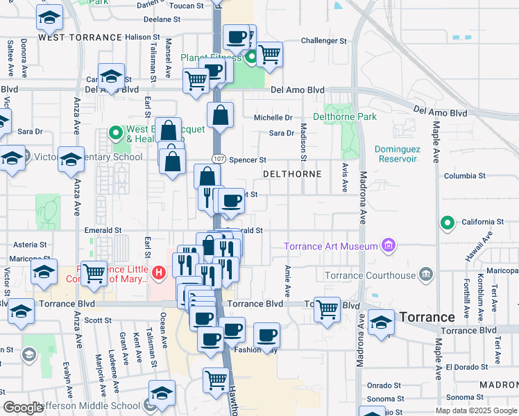 map of restaurants, bars, coffee shops, grocery stores, and more near 3656 Garnet Street in Torrance