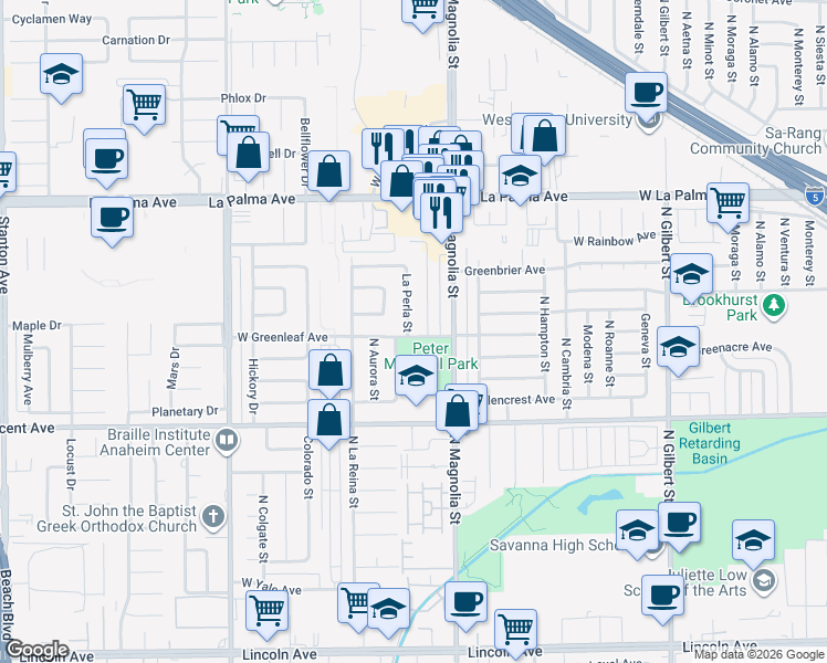 map of restaurants, bars, coffee shops, grocery stores, and more near 833 La Perla Street in Anaheim