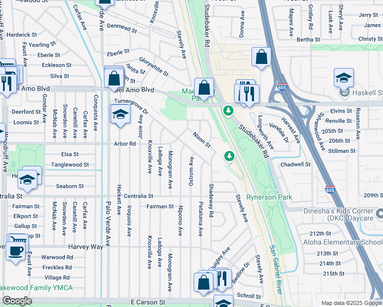 map of restaurants, bars, coffee shops, grocery stores, and more near 6709 Turnergrove Drive in Lakewood