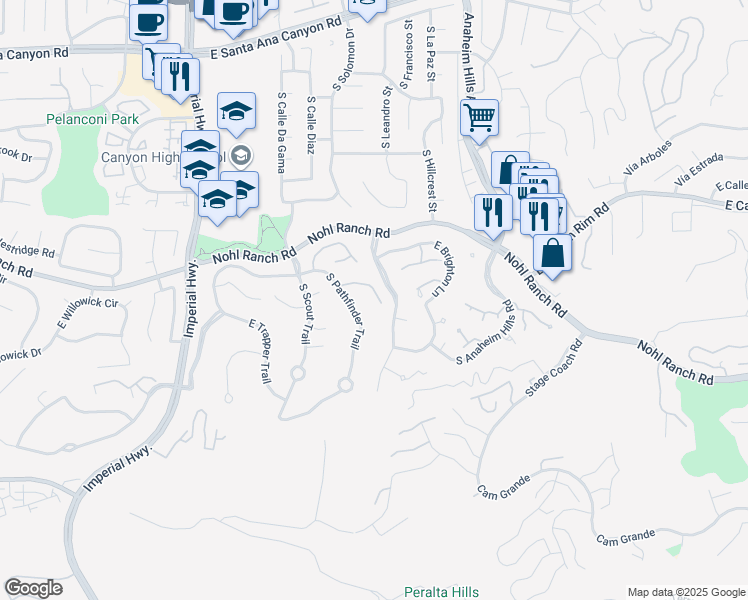 map of restaurants, bars, coffee shops, grocery stores, and more near 5984 East Avenida La Vida in Anaheim