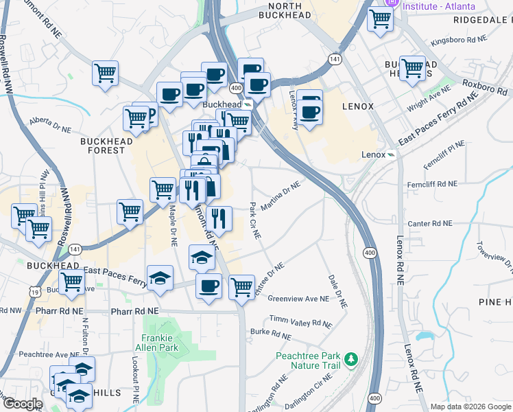 map of restaurants, bars, coffee shops, grocery stores, and more near 64 Park Circle Northeast in Atlanta