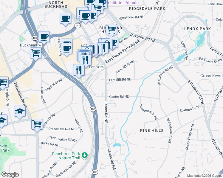 map of restaurants, bars, coffee shops, grocery stores, and more near 3301 Ferncliff Court in Atlanta