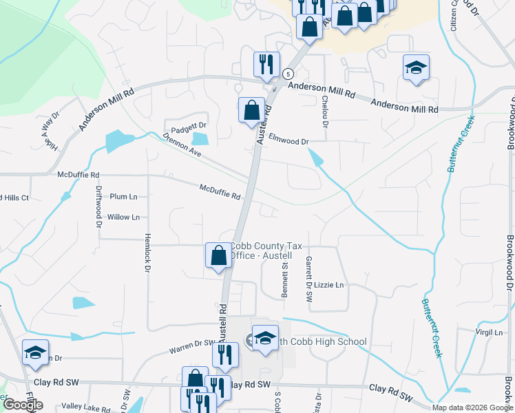 map of restaurants, bars, coffee shops, grocery stores, and more near 4511 Austell Road in Austell