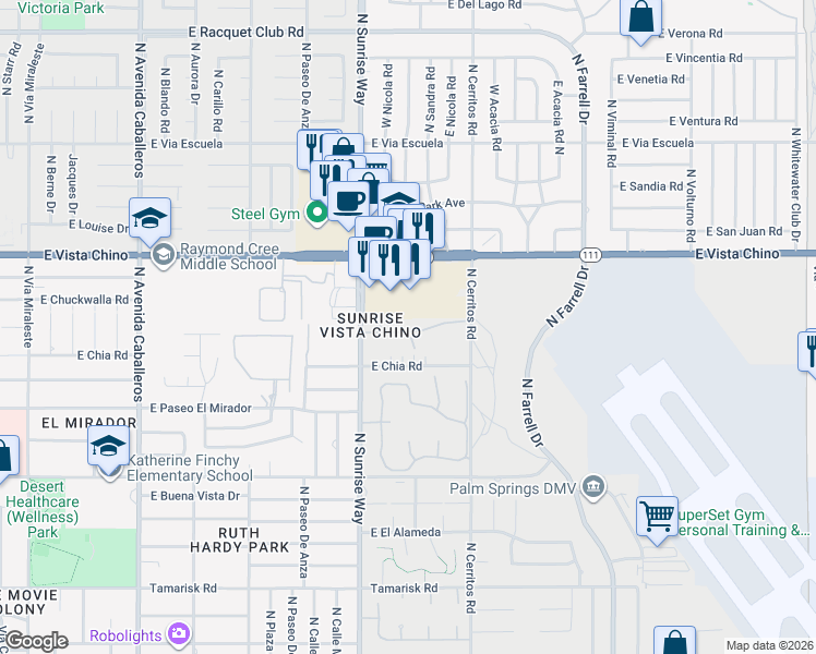 map of restaurants, bars, coffee shops, grocery stores, and more near 1874 East Sandalwood Drive in Palm Springs