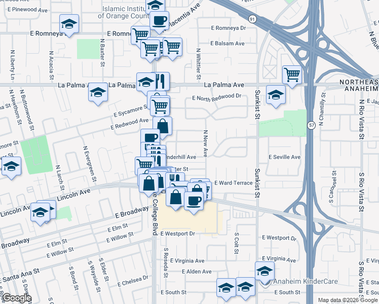 map of restaurants, bars, coffee shops, grocery stores, and more near 206 North Clark Terrace in Anaheim