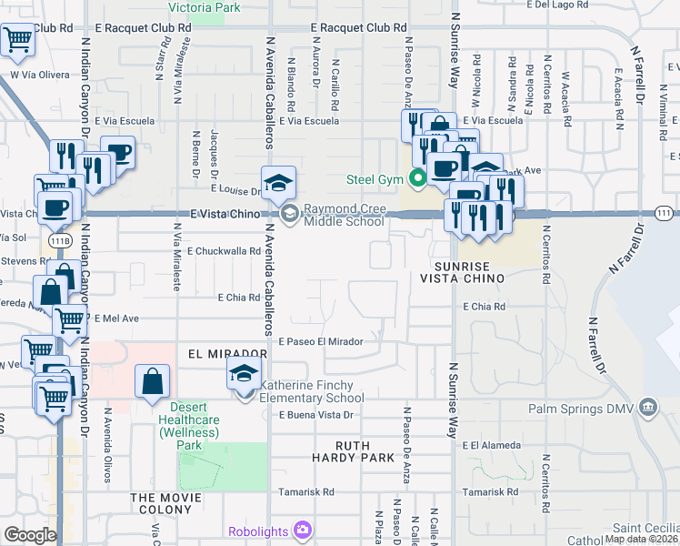 map of restaurants, bars, coffee shops, grocery stores, and more near 1100 East Deepak Road in Palm Springs