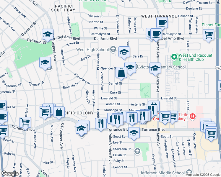 map of restaurants, bars, coffee shops, grocery stores, and more near 20604 Toluca Avenue in Torrance