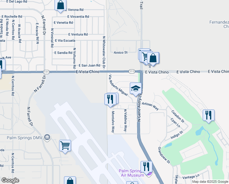 map of restaurants, bars, coffee shops, grocery stores, and more near 3389 East Cam Rojos in Palm Springs