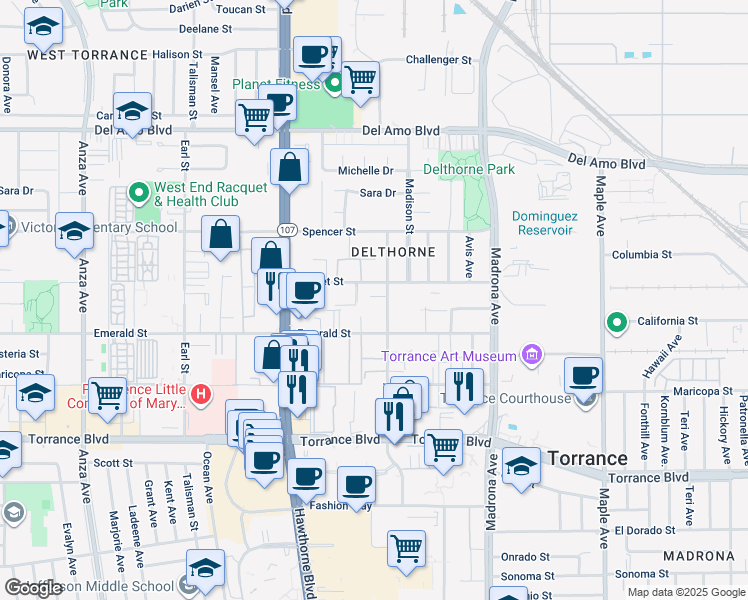 map of restaurants, bars, coffee shops, grocery stores, and more near 20617 Amie Avenue in Torrance