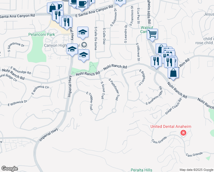 map of restaurants, bars, coffee shops, grocery stores, and more near 5930 East Prospector Circle in Anaheim