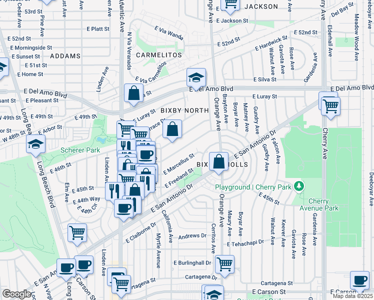 map of restaurants, bars, coffee shops, grocery stores, and more near 1100 East 45th Way in Long Beach