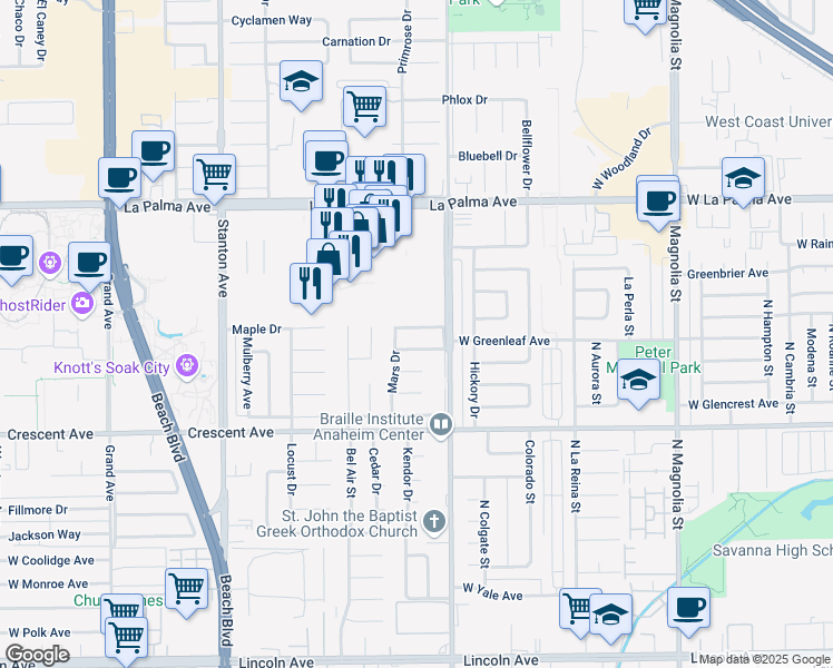 map of restaurants, bars, coffee shops, grocery stores, and more near 8485 Venus Drive in Buena Park