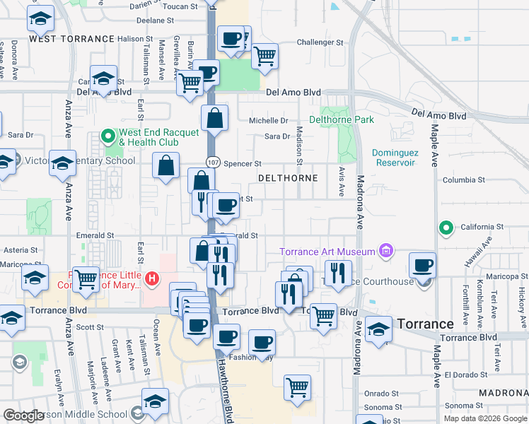 map of restaurants, bars, coffee shops, grocery stores, and more near 3650 Garnet Street in Torrance