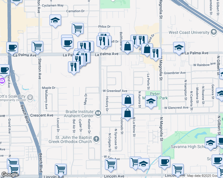 map of restaurants, bars, coffee shops, grocery stores, and more near 8591 West Greenleaf Avenue in Buena Park