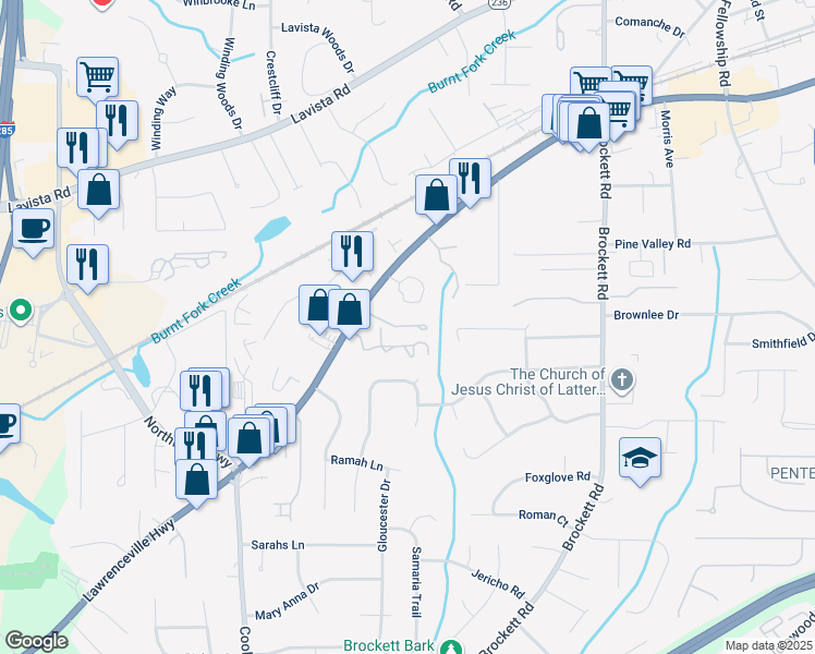 map of restaurants, bars, coffee shops, grocery stores, and more near 3555 Lawrenceville Highway in Tucker