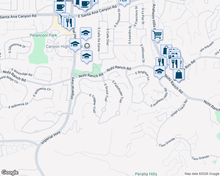 map of restaurants, bars, coffee shops, grocery stores, and more near 5930 East Prospector Circle in Anaheim