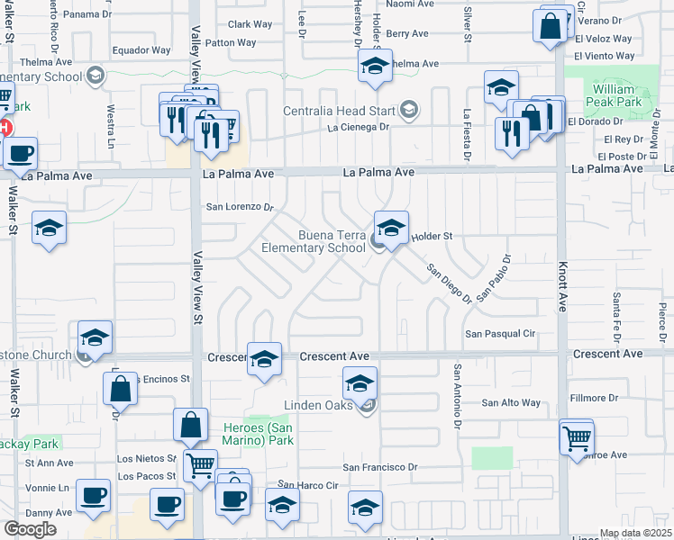 map of restaurants, bars, coffee shops, grocery stores, and more near 8252 San Marino Drive in Buena Park