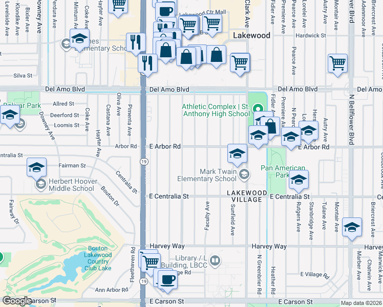 map of restaurants, bars, coffee shops, grocery stores, and more near 4620 East Arbor Road in Long Beach