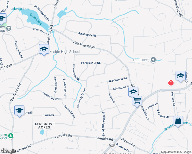 map of restaurants, bars, coffee shops, grocery stores, and more near 2049 Castleway Lane Northeast in Atlanta