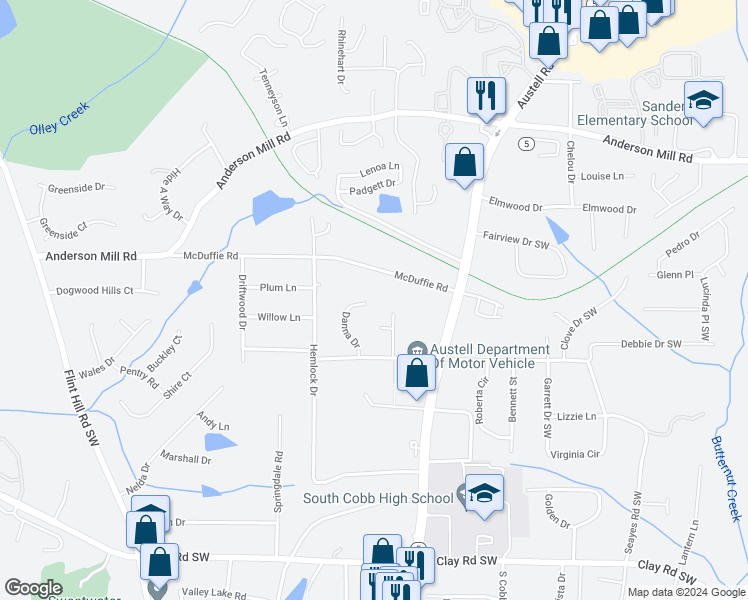 map of restaurants, bars, coffee shops, grocery stores, and more near 4649 Danna Drive in Austell