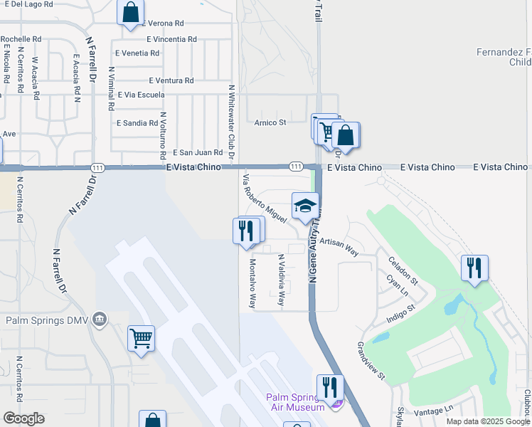 map of restaurants, bars, coffee shops, grocery stores, and more near 3395 East Cam Rojos in Palm Springs