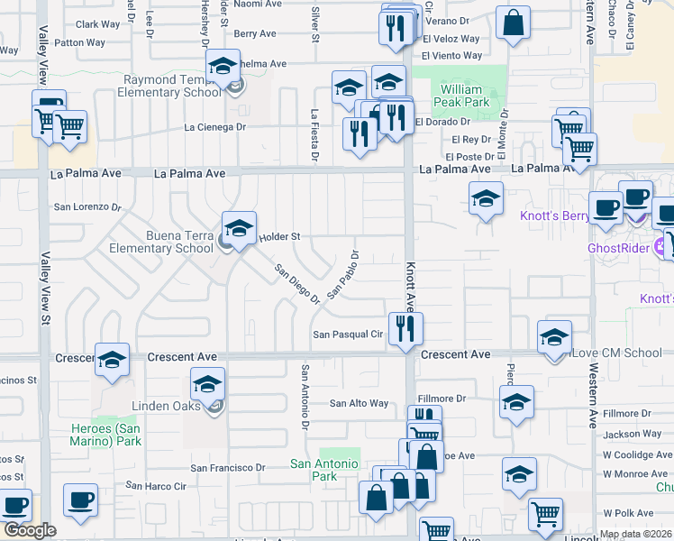 map of restaurants, bars, coffee shops, grocery stores, and more near 8331 San Helice Circle in Buena Park