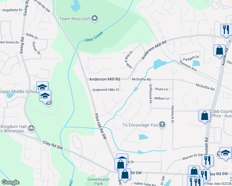 map of restaurants, bars, coffee shops, grocery stores, and more near 2528 Dogwood Hills Court in Austell