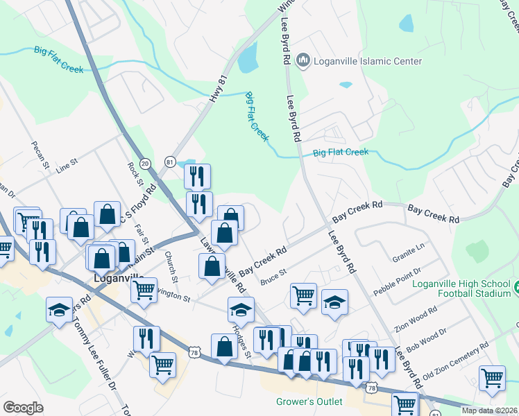 map of restaurants, bars, coffee shops, grocery stores, and more near 741 Jacoby Drive in Loganville
