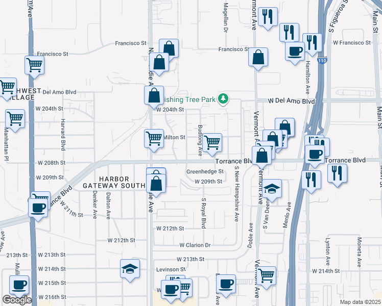 map of restaurants, bars, coffee shops, grocery stores, and more near 20710 Raymond Avenue in Torrance
