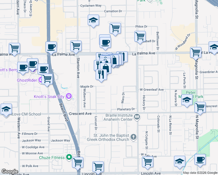 map of restaurants, bars, coffee shops, grocery stores, and more near 8259 Mercury Drive in Buena Park