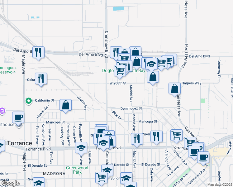 map of restaurants, bars, coffee shops, grocery stores, and more near 500 Crenshaw Boulevard in Torrance